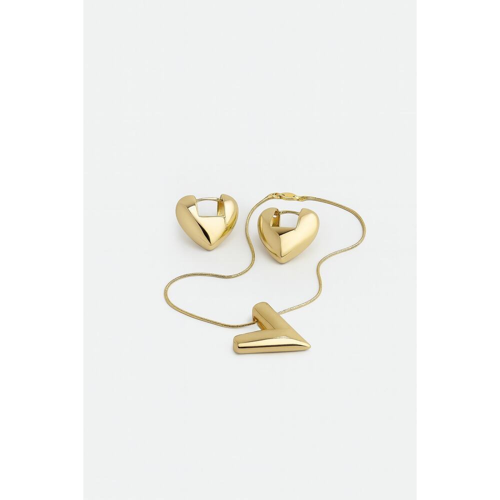 Women’s Gold Tone Heart Necklace & Earrings Set Modern Jewelry Gift NWT